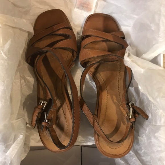 NINE WEST Leather Sandals Heels Women's Size 5.5 Tan Brown Ankle Strap - Picture 2 of 5